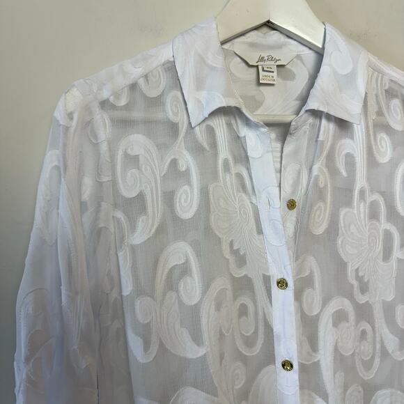 Lilly Pulitzer Linley Dress Cover Up White Collared Shirtdress Sheer Ruffle XS - Picture 4 of 8